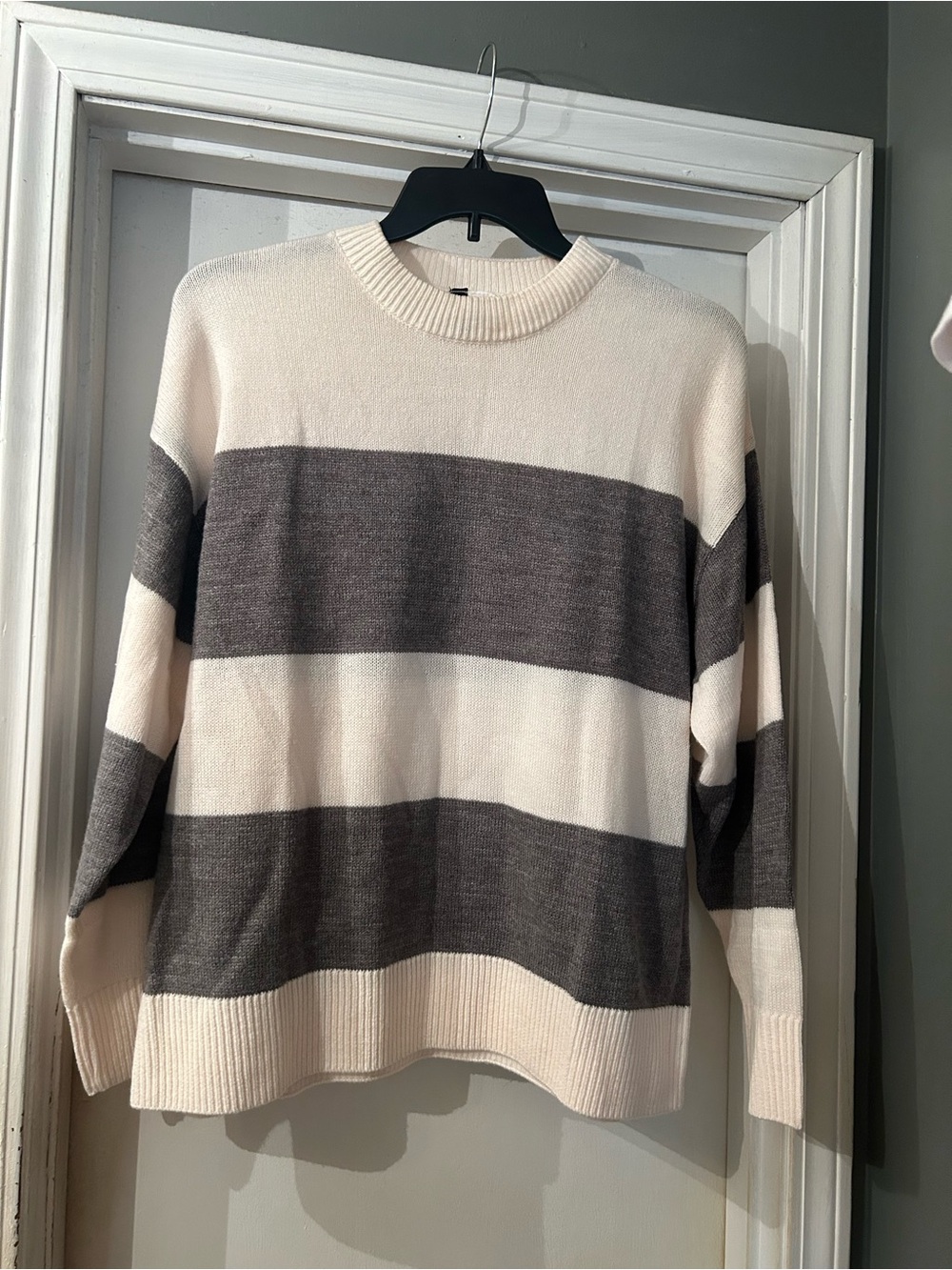 Divided Cream and Gray Striped Crewneck Sweater